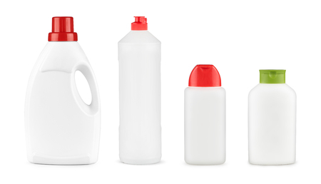 Set of white plastic bottles for shampoo or liquid laundry detergent, cleaning agent, bleach or fabric softener. Package mockup isolatedの写真素材
