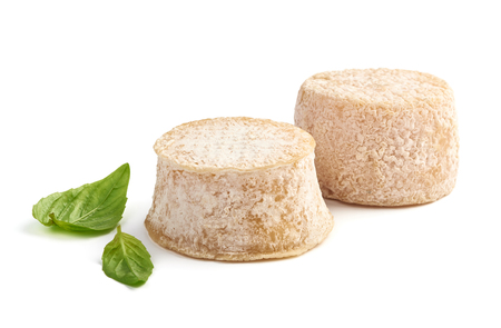 Two Crottin cheese with basil leaves isolated on white backgroundの写真素材