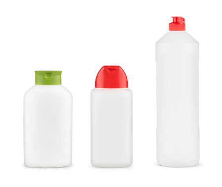Set of white plastic bottles for shampoo or liquid laundry detergent, cleaning agent, bleach or fabric softener. Package mockup isolated with clipping path.の写真素材