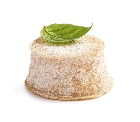 Crottin cheese with basil leave isolated on white backgroundの写真素材