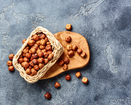 Hazelnuts on gray background. Top view of nuts.の写真素材