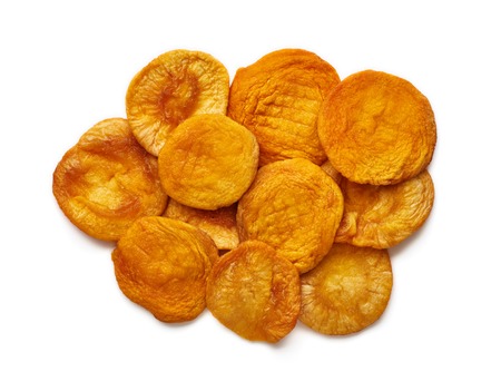 Sun dried apricots isolated on white background. Top view.の写真素材