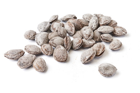 Salted apricot seeds isolated on white background. Apricot bones fried with salt in ashes.の写真素材