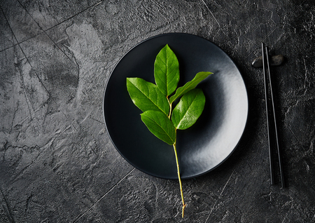 Dark empty plate of asian food with black chopsticks on black slate board. Asian style of food.の写真素材