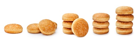 Set of Hamburger buns with sesame isolated on white background. Packaging. Mock up for design.の写真素材