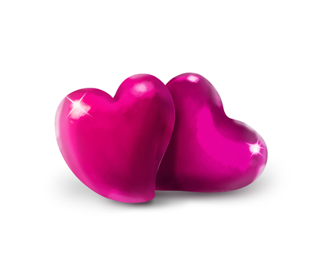 Two pink glamour glass Hearts isolated on white background. Hands illustration.の写真素材