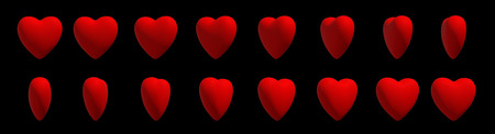 Collection of red matte hearts on black background. 3d Illustration. Effect animation of rotating. For video effects, game developmentの写真素材