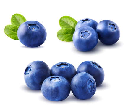 Blueberries set with leaves isolated on white background.の写真素材