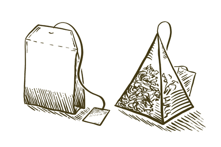 Set of tea bag in engraving style. Hand drawn vector illustration. Pyramid shaped bag of tea.の写真素材