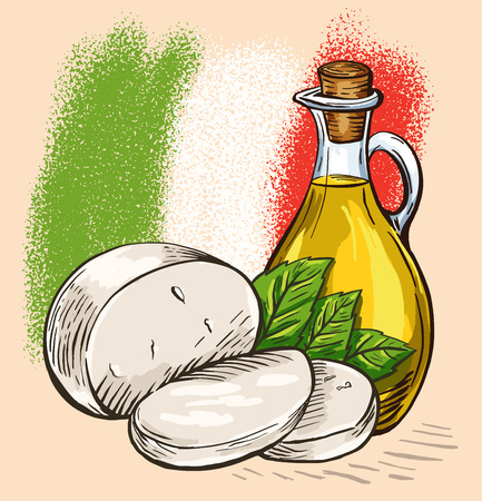 Olive oil in glass bottle with cheese mozzarella and basil leaves. Italian food. Hand drawn design element. Vintage vector engraving illustration for  poster, web.の写真素材