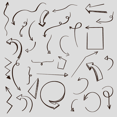 Set of arrows. Hand drawn scribble sketches. Tangled arrows. Array of lines. Black and white illustration. Doodles for design and businessのイラスト素材