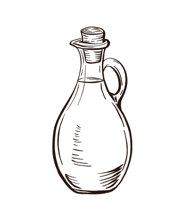 Bottle and Jug glass of liquid with cork stopper. Olive oil. Hand drawn design element. Vintage engraving illustration for logotype, poster, web.のイラスト素材