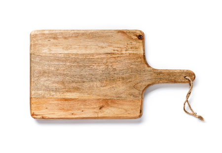 Wooden board for bread isolated on white background. Top view of Kitchen tool.の写真素材