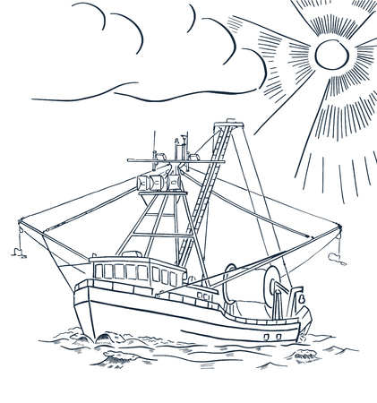 Fishing ship. Salmon fishing boat. Alaska. Vector illustration.のイラスト素材