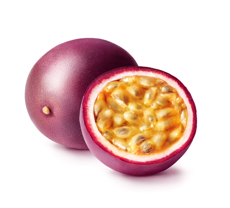 Passion fruit isolated. Whole passionfruit and a half of maracuya isolated on white background.の写真素材