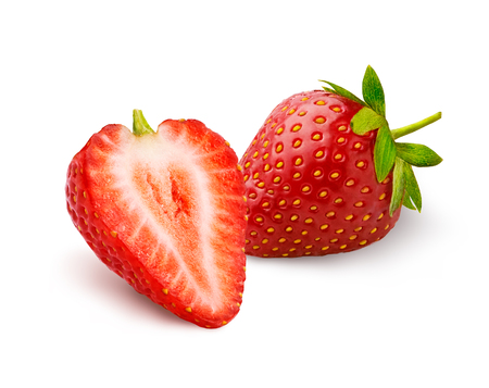 Whole beautiful strawberry and half strawberry isolated on white background.の写真素材