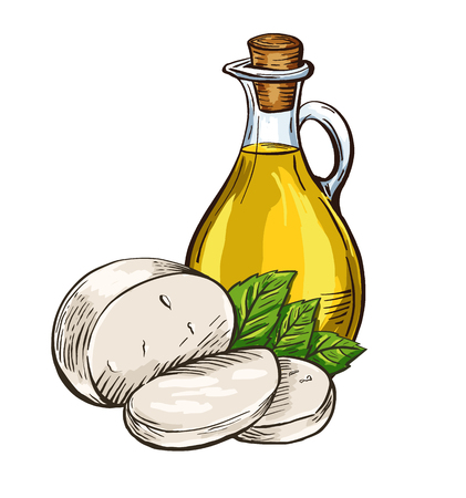 Olive oil in glass bottle with cheese mozzarella and basil leaves. Italian food. Hand drawn design element. Vintage vector engraving illustration for logotype, poster, web.の写真素材