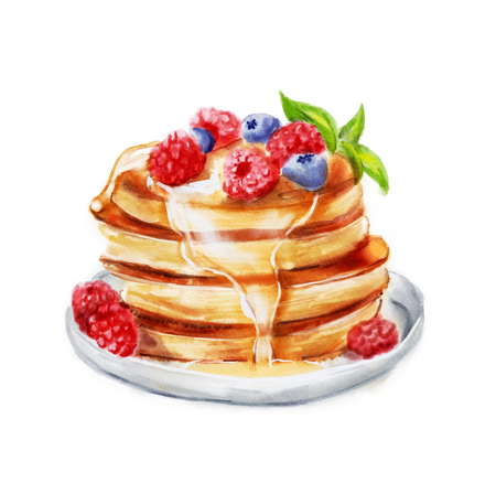 Watercolor pancakes with raspberries, blueberries and leaves of mint.の写真素材