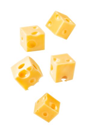 Set of fly cheese cubes isolated on white background.の写真素材