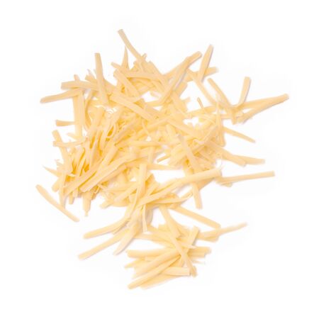 Grated cheese isolated on white background. Slices cheese. Top view.の写真素材