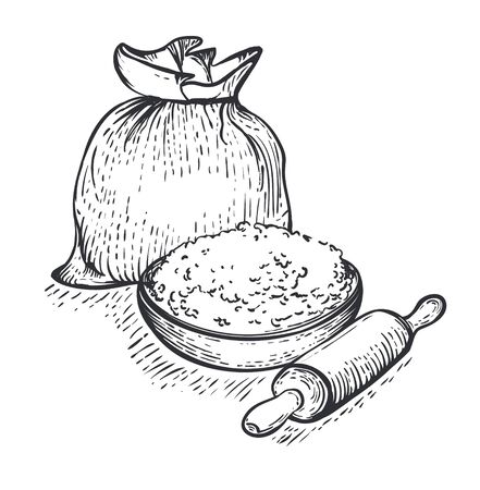 Bag of burlap with bowl of flour and rolling pin isolated on white background. Hand draw vector illustration in engraving styleのイラスト素材