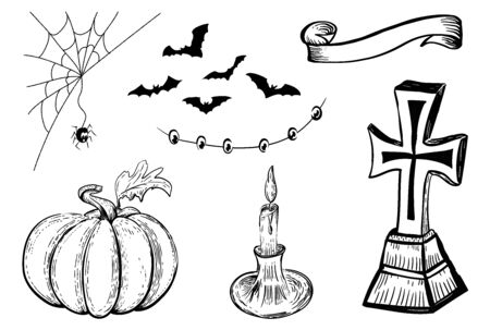 Halloween design template. Hand drawn design element. Vintage black and color vector engraving illustration. Halloween symbols.のイラスト素材
