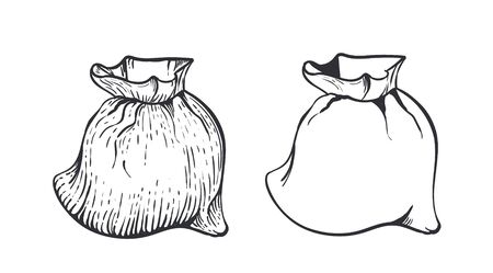 Two bag of burlap with flour or sugar on white background. Hand draw vector illustration in engraving styleのイラスト素材