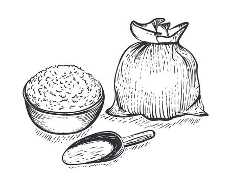 Bag of burlap with flour scoop and bowl of flour on white background. Hand draw vector illustration in engraving styleのイラスト素材