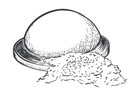 Dough with flour on wooden boardisolated on whute background. Hand drawn vector illustration in engraving styleのイラスト素材