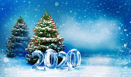 Beautiful snowy Christmas background with two New Year trees. Christmas tree decorated with red balls and snow. Holiday winter landscape with snowfall and cool ice numbers 2020.の写真素材