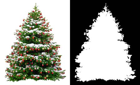 Christmas snowy tree decorated with red balls isolated on white background. Black and white mask of Christmas treeの写真素材