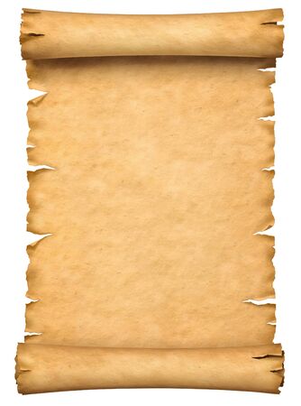 Old paper manuscript or papyrus scroll vertically oriented isolated on white background.の写真素材