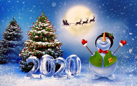 Christmas landscape with snowman and Christmas trees. Winter holiday card with Christmas deers and Santa.の写真素材