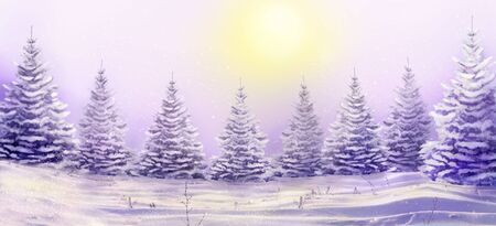 Morning winter landscape with snowy christmas trees. Christmas background for your design.の写真素材
