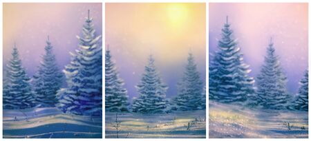Christmas cards with Morning winter landscape with snowy christmas trees. Christmas background for your design. Snowdrifts and falling snow on nature outdoors.の写真素材