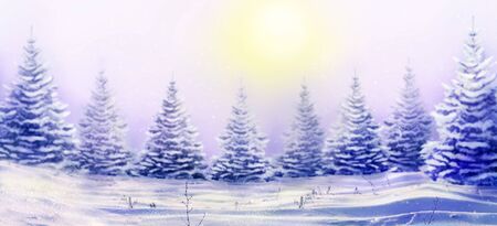Morning winter landscape with snowy christmas trees. Christmas background for your design. Snowdrifts and falling snow on nature outdoors.の写真素材