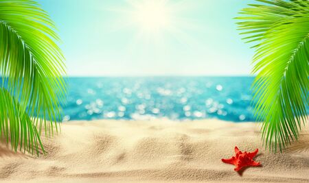 Beautiful tropical beach banner. Mockup of summer landscape with coco palms on blur defocused blue sea or ocean background. Summer vacation conceptの写真素材