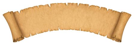 Vintage paper scroll banner isolated on white. Old manuscript or papyrus scroll horizontal oriented.の写真素材