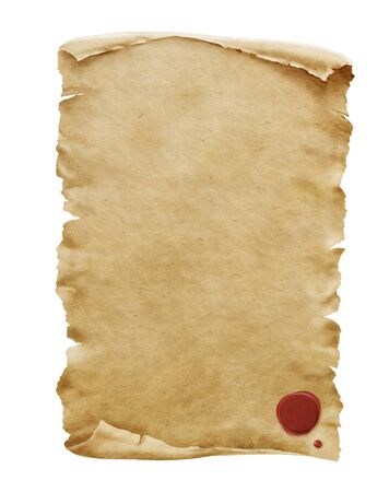 Red wax seal on old paper manuscript or papyrus scroll vertically oriented isolated on white background.の写真素材