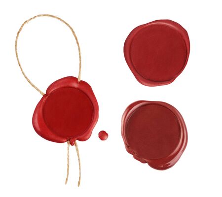 Set of red wax seals isolated on white background. Empty red stamp with rope.の写真素材