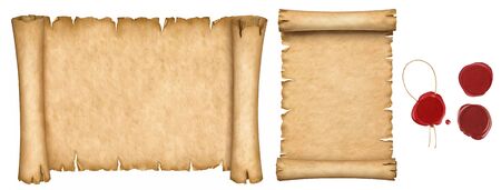 Set of old papers and vintage manuscript and papyrus scroll with wax seals isolated on white background.の写真素材