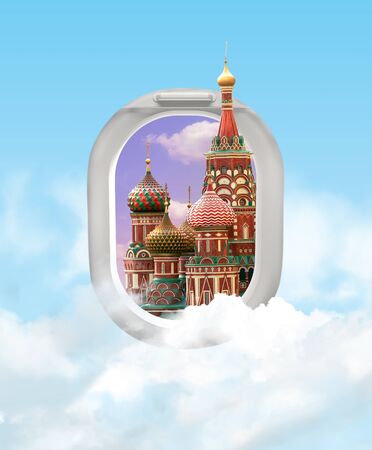 Travel concept with Moscow St. Basils Cathedral. View of airplane windows with clouds. Mixed media.の写真素材