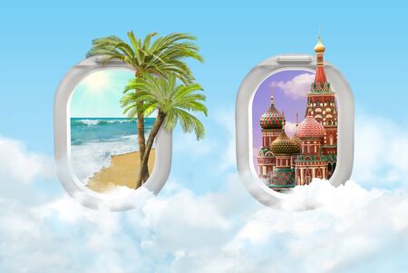 Travel concept with tropical palms ocean beach and Moscow St. Basils Cathedral. View of airplane windows. Mixed media.の写真素材