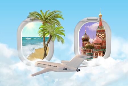 Travel concept with tropical palms ocean beach and Moscow St. Basils Cathedral with passenger airplane. View of airplane windows. Mixed media.の写真素材