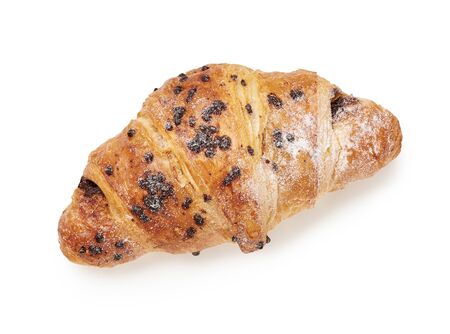 Fresh croissant with chocolate on a white background. Top view.の写真素材