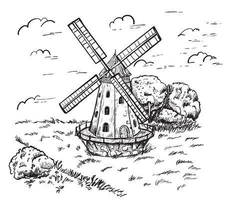 Windmill. Hand drawn sketch of mill. Engraving vintage style vector illustration.のイラスト素材