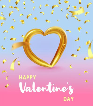 Realistic Gold metallic Heart with falling golden confetti and. Vector Valentines heart on modern color gradient background. Vector illustration EPS 10のイラスト素材