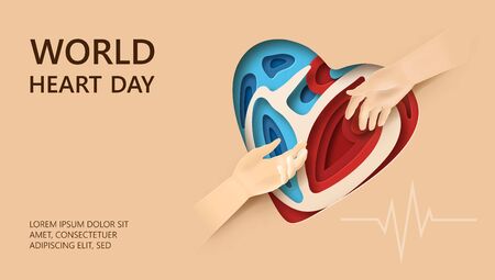World Heart Day concept. Layered paper cut relief with World Heart Day label. Man holds out a helping hand. Two hands reaching for each other. Flat-style vector illustration with heartbeat line.のイラスト素材