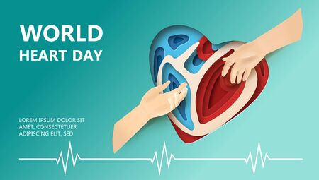 World Heart Day concept. Layered paper cut relief with World Heart Day label. Man holds out a helping hand. Two hands reaching for each other. Flat-style vector illustration with heartbeat line.のイラスト素材