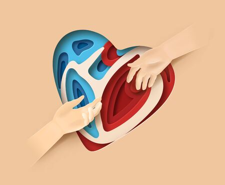 World Heart Day concept. Layered paper cut relief with World Heart Day label. Man holds out a helping hand. Two hands reaching for each other. Flat-style vector illustration.のイラスト素材